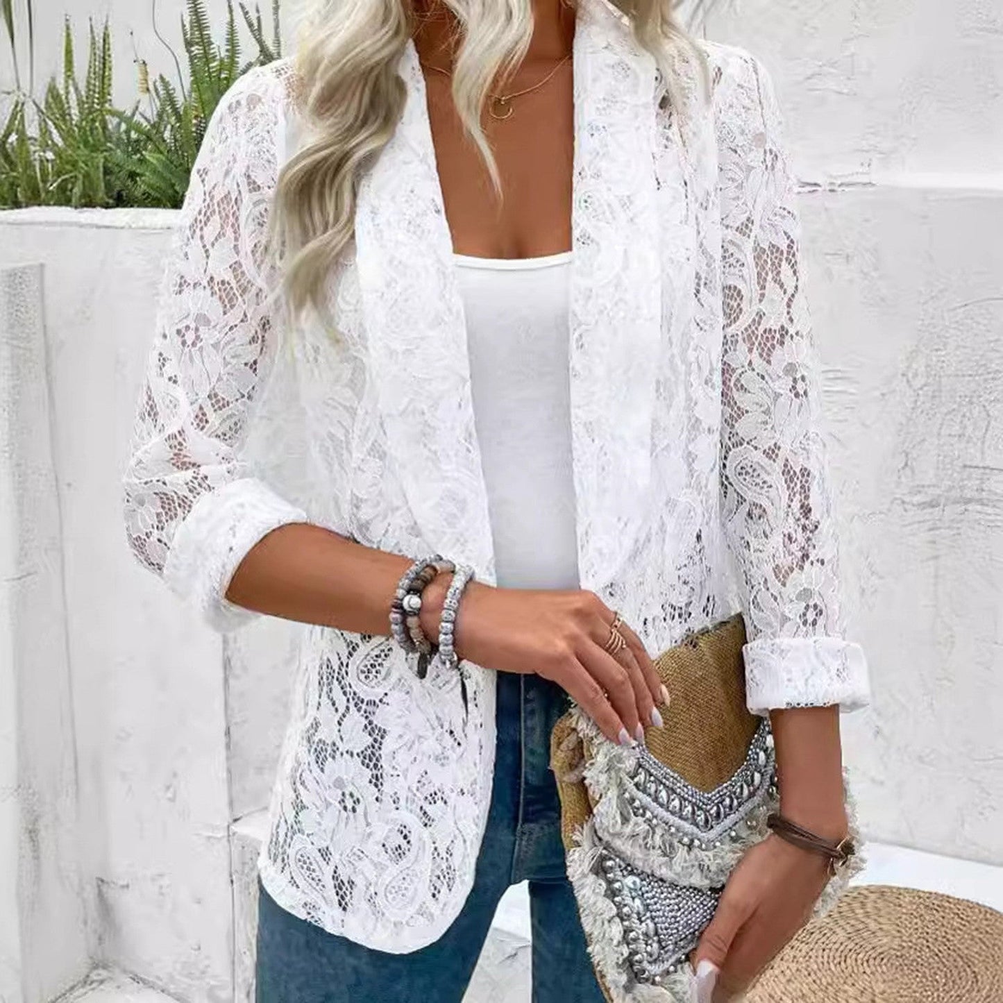 White Lace Hollow Out Women'suit Coat Solid Open StitBlazers Outdoor Forma