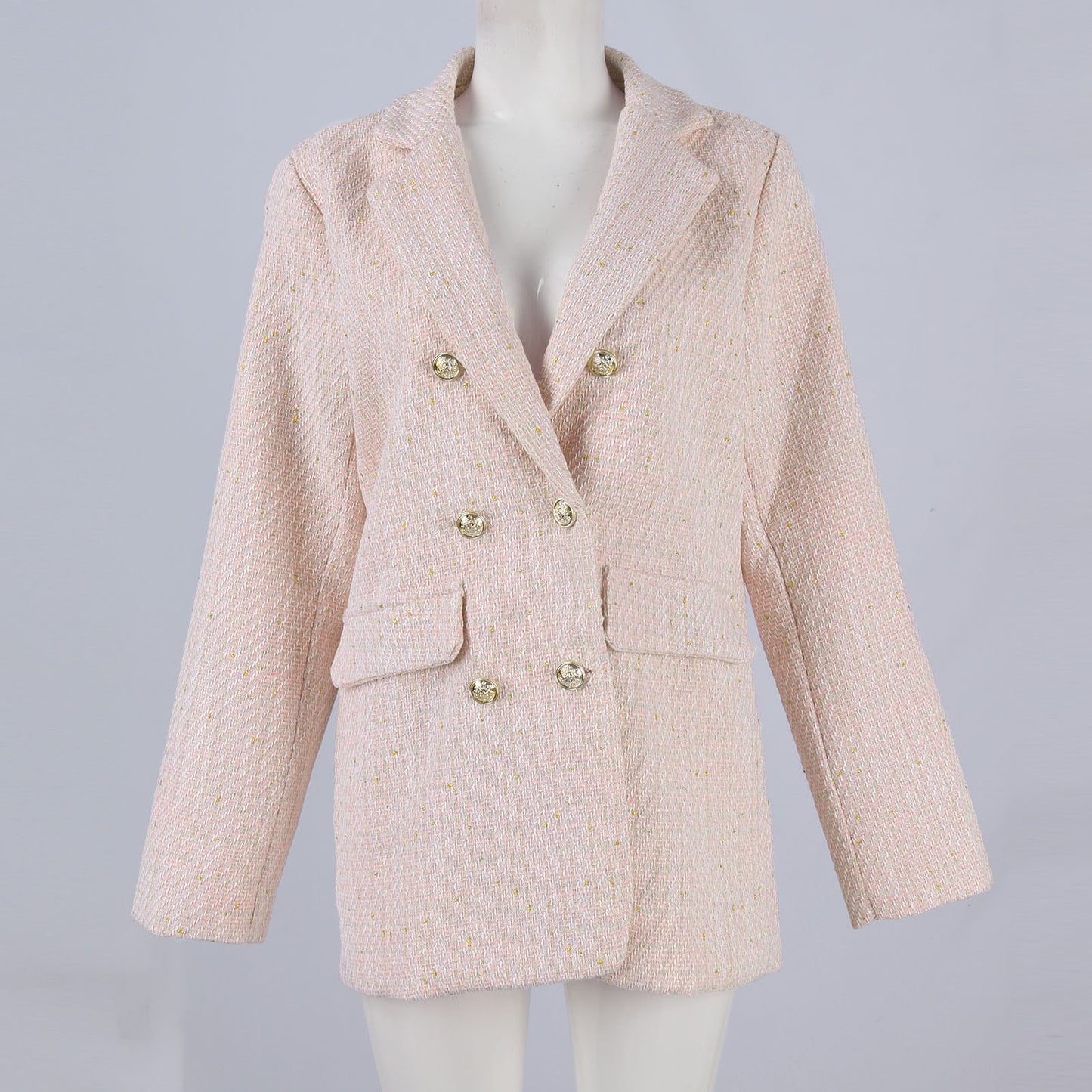 Women Fashion Tweed Double Breasted Blazer Coat Vintage Long Sleeve Flap Pocket image 4