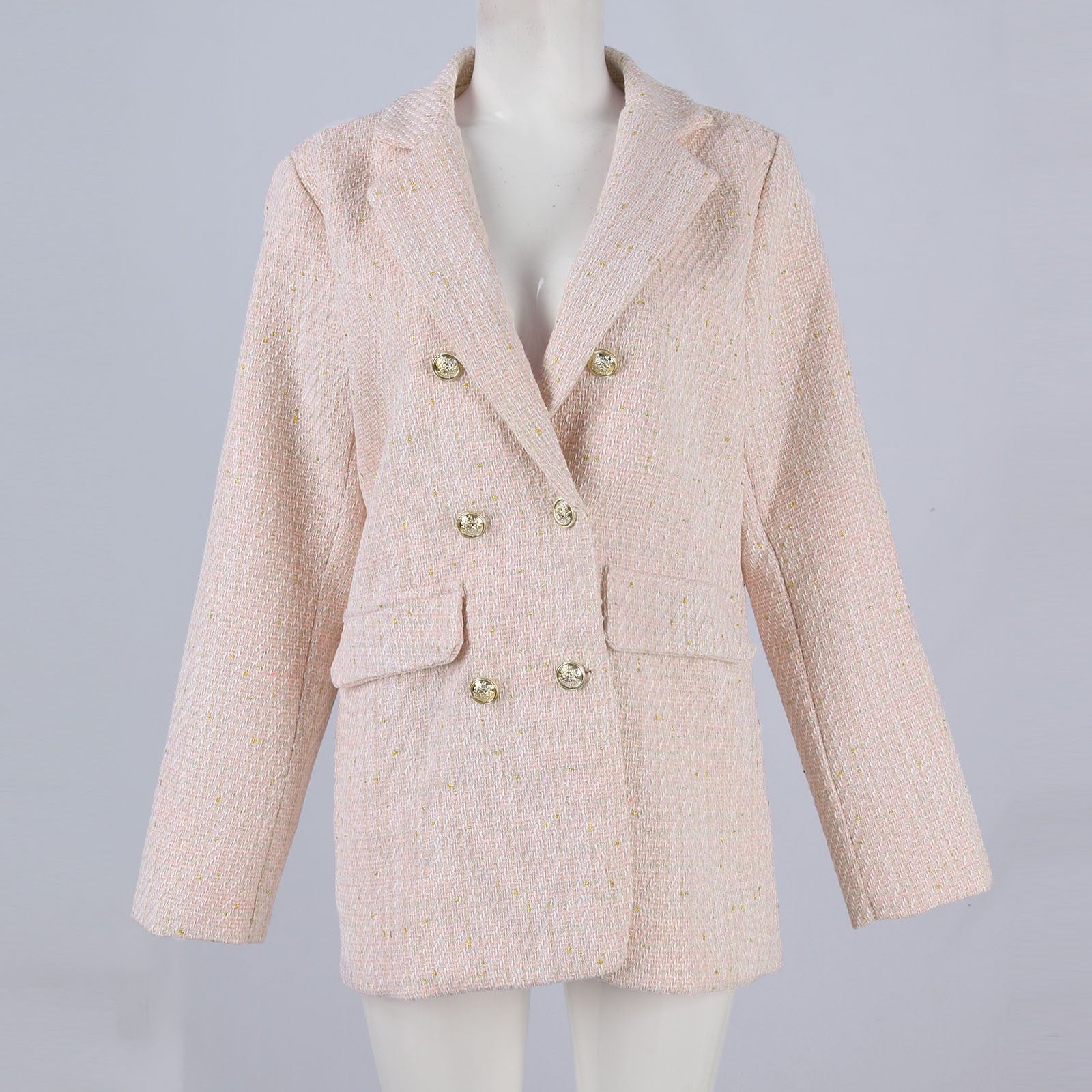 Women Fashion Tweed Double Breasted Blazer Coat Vintage Long Sleeve Flap Pocket image 4
