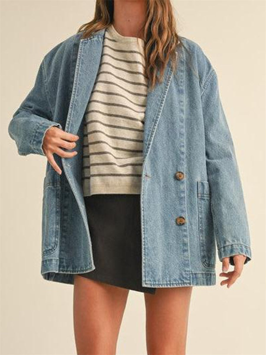 Women s Denim Blazer Stylish Long Sleeve Lapel Collar Button Closure Jacket wit image 2
