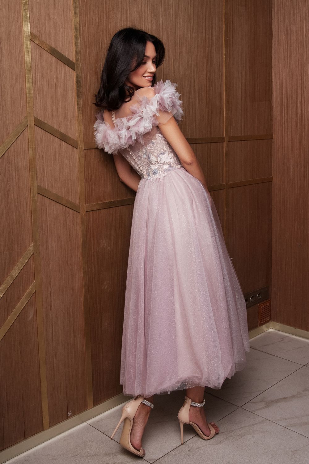 Glitter Pink Tulle Homecoming Dresses for Women with Ruffles Short Sleeve Tea-L image 2