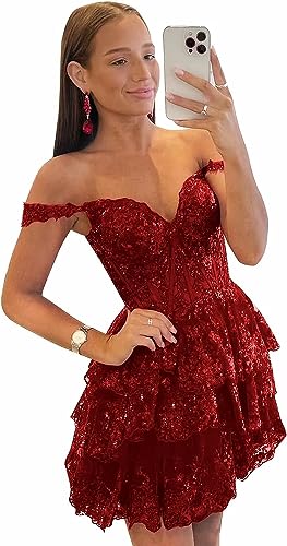 Off-the-Shoulder Sweetheart Tulle Homecoming Dresses Lace Tiered Sleeveless Spa image 4