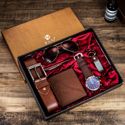 Gift Business Luxury Company Mens Set 6 in 1 Watch Glasses Pen Keychain Belt Pu image 1