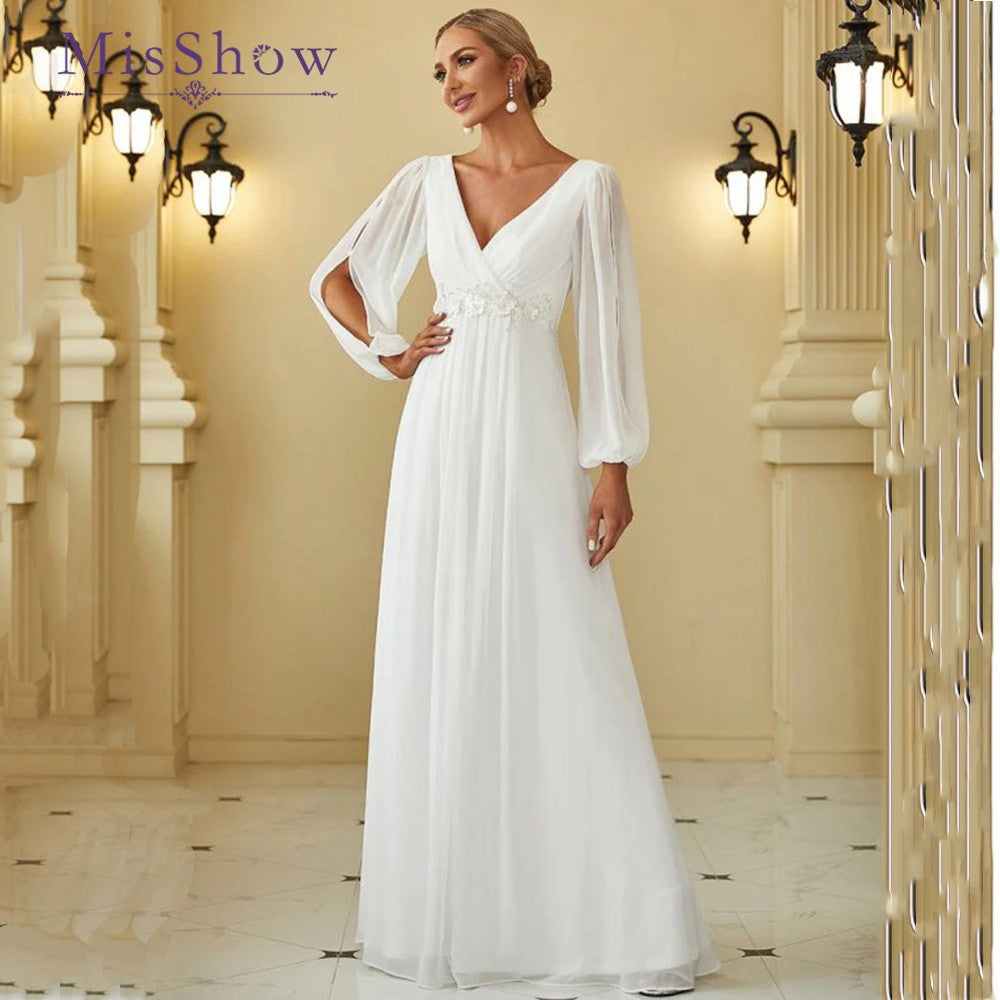 MisShow Simple Wedding Dresses For Women 2024 Elegant V-Neck Chiffon White Long image 1