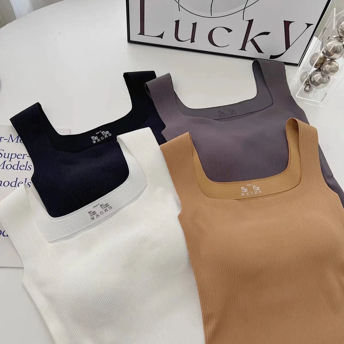 New Wide Shoulder Camisole Square Neck  Back Threaded Vest Women's Sea image 8