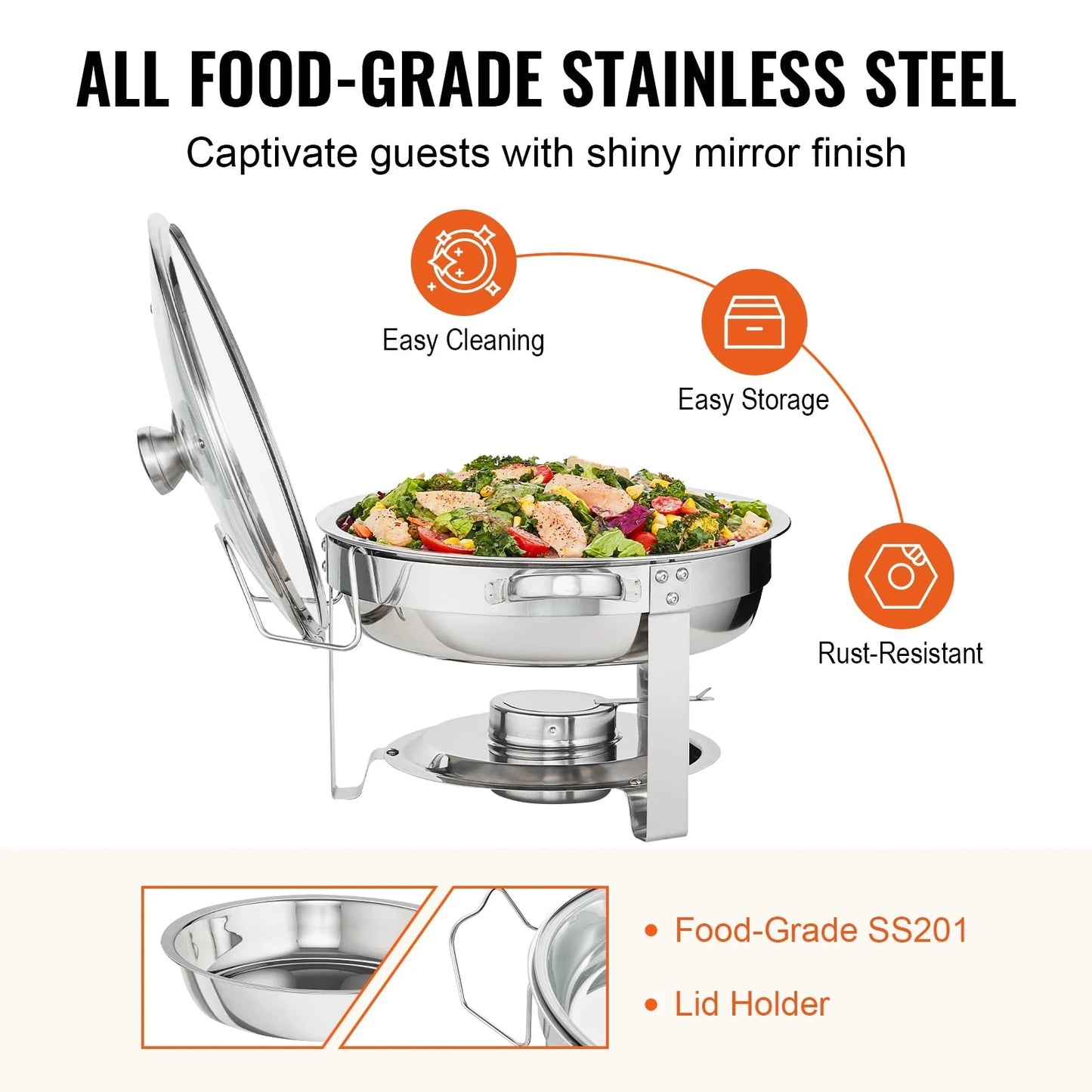 VEVOR 4QT 2-Pack Round ChaFolding Dish Set Stainless Steel Buffet Chafer with Full
