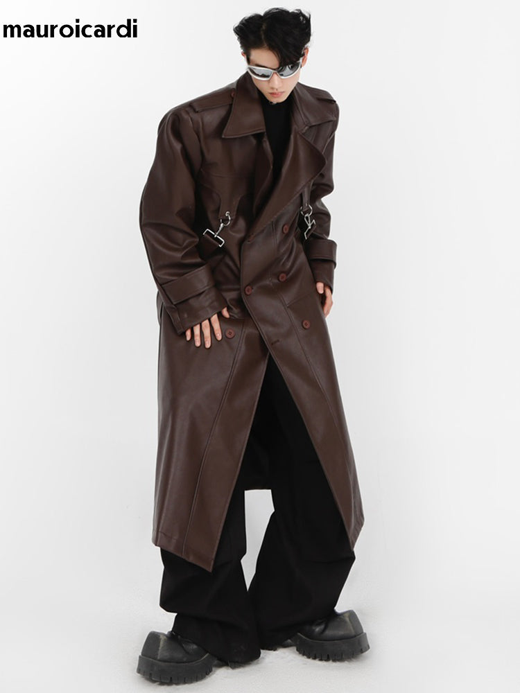 Spring Autumn Oversized Cool Long Black Brown Pu Leather TrenCoa