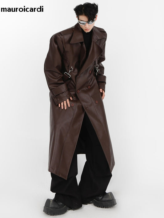 Spring Autumn Oversized Cool Long Black Brown Pu Leather TrenCoa