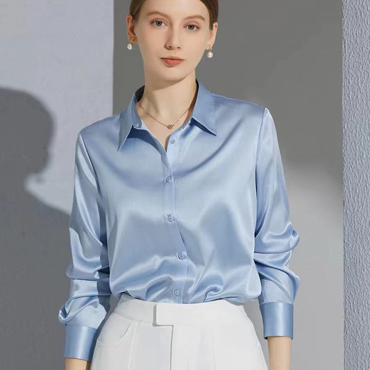 All-match Satin Finish Shirts And Blouses Women Clothing Casual Top OL Long Sle