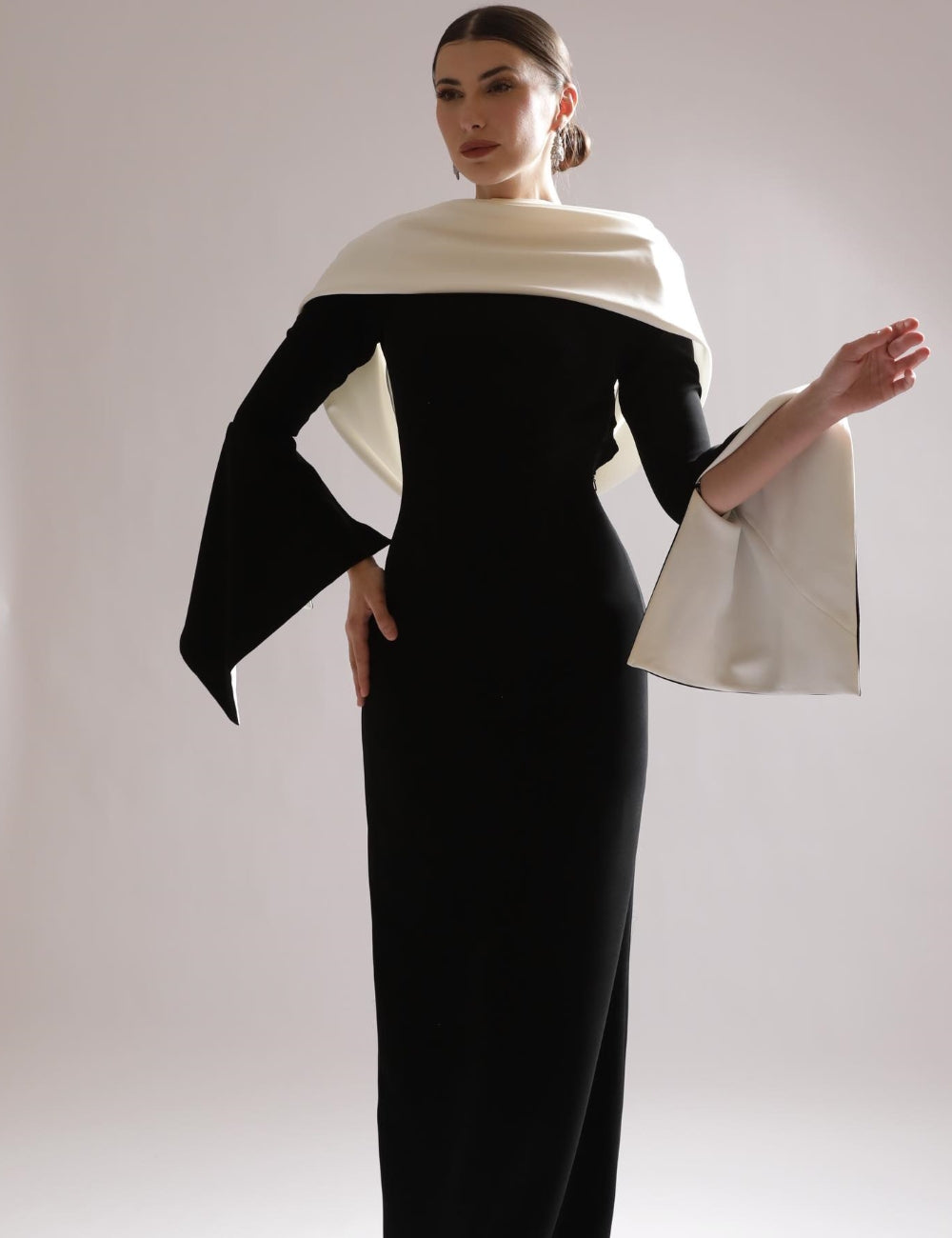 Matching Jersey Pleat Straight Boat Neck Long Dresses Homecoming  Retro Fashion