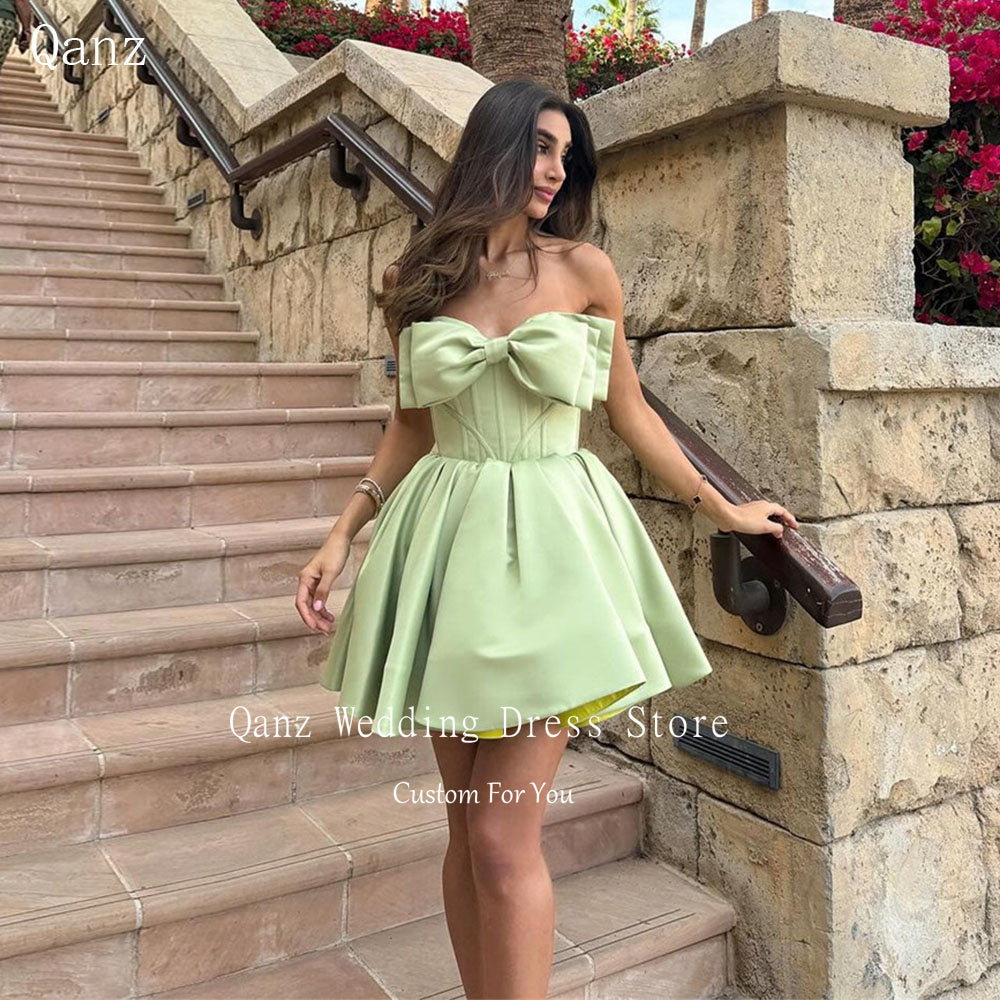 Qanz Bow Satin Party Dresses Short A Line Homecoming Dresses Corset Back Vestid