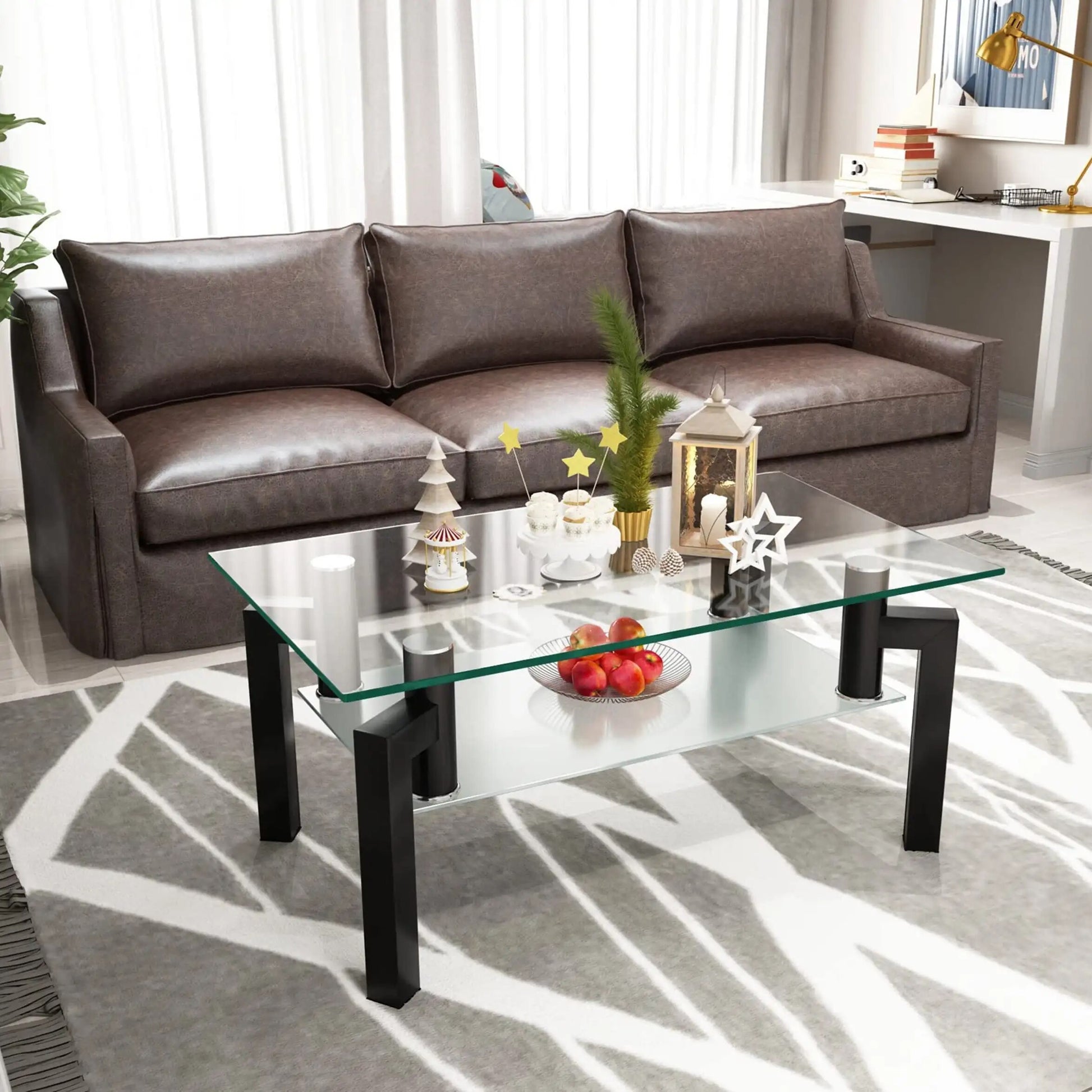 Rectangle Tempered Glass Coffee Table Metal Tube Legs End Table for Living Room image 2