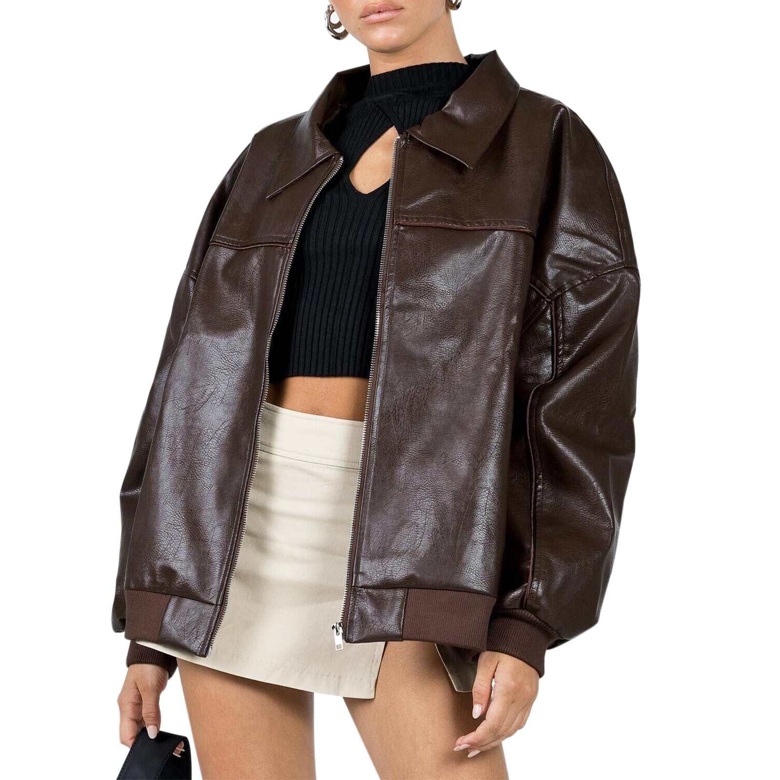 Women s Faux Leather Moto Jacket Stylish Lightweight Zip-Up Coat with Long Slee image 4