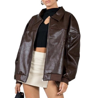 Women's Faux Leather Moto Jacket  Lightweight Zip-Up Coat with Long Slee