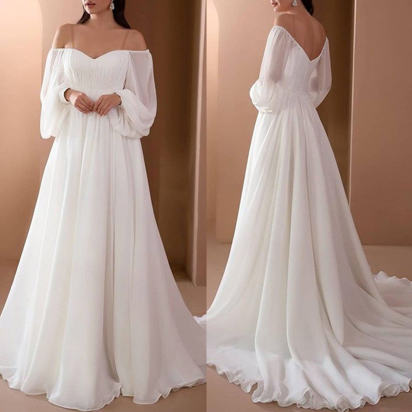 Chiffon Dresses for Women'summer Autumn  Off Shoulder White Long Dr