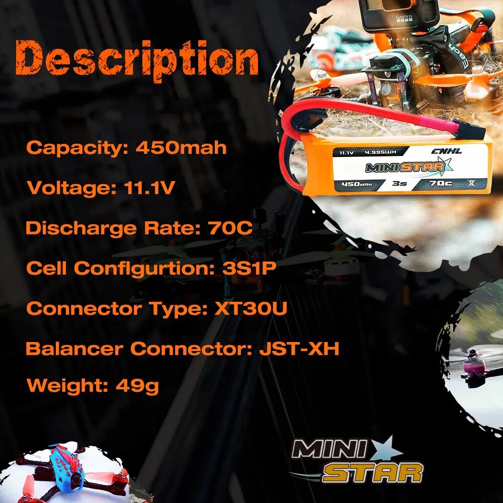 4PCS CNHL 3S 450mAh 11.1V Lipo Battery 70C MiniStar With XT30 Plug For Mini Qua