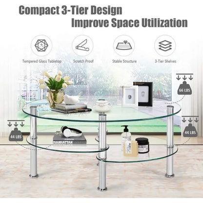 ALPULON Tempered Glass Coffee Table Oval 3-Tier Steel Tea Table for Home Living image 3