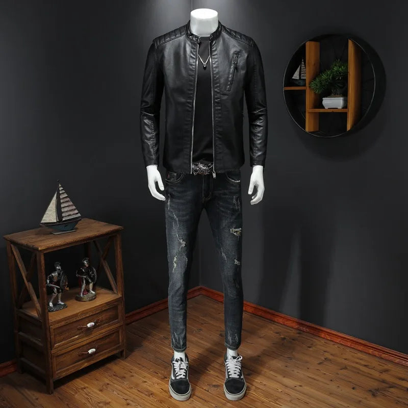 2024 Men Leather Jacket Stand Collar Slim Pu Leather Jacket Autumn Fashion Men  image 4