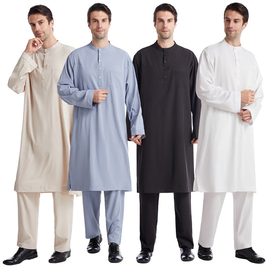 Muslim Robe Arab Men Thobe Ramadan Two Pieces Set Solid Color Arabic Pakistan S image 0