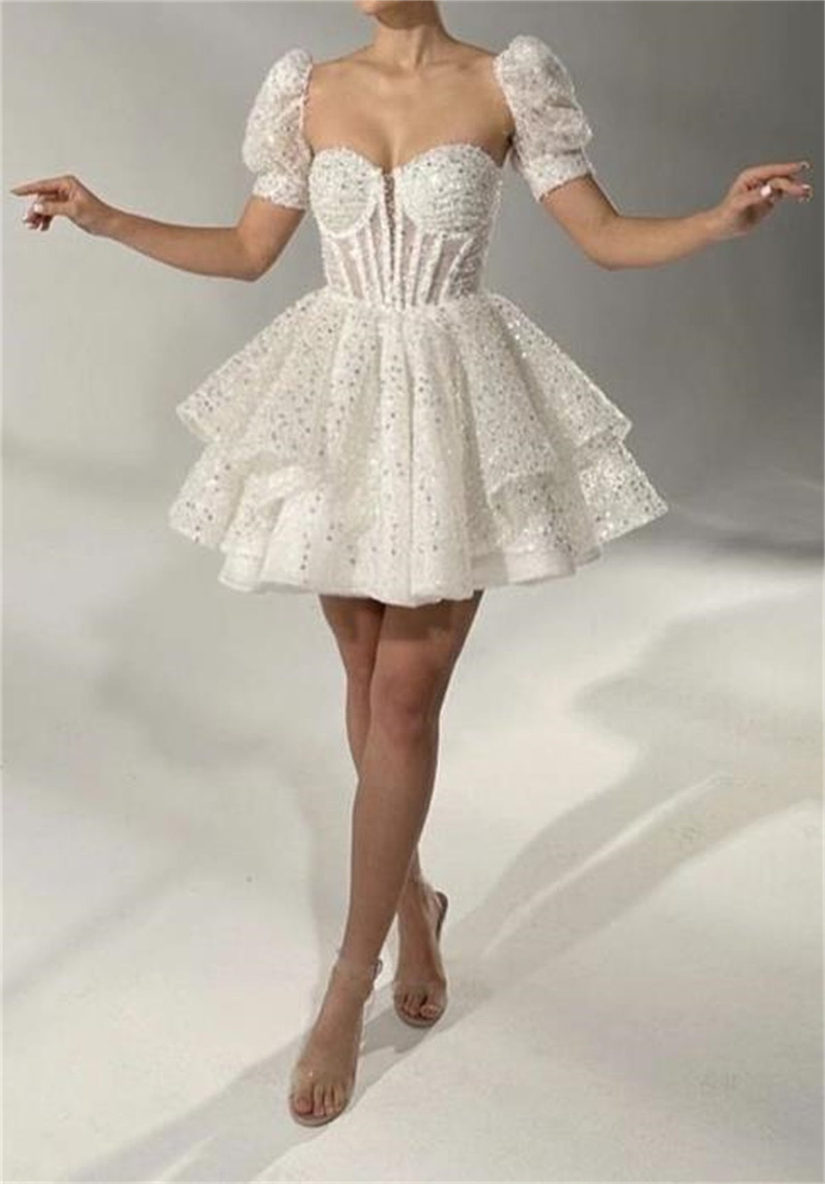 White Sequins Homecoming Dress Square Neck Puff Short Sleeves Simple Shiny Clas