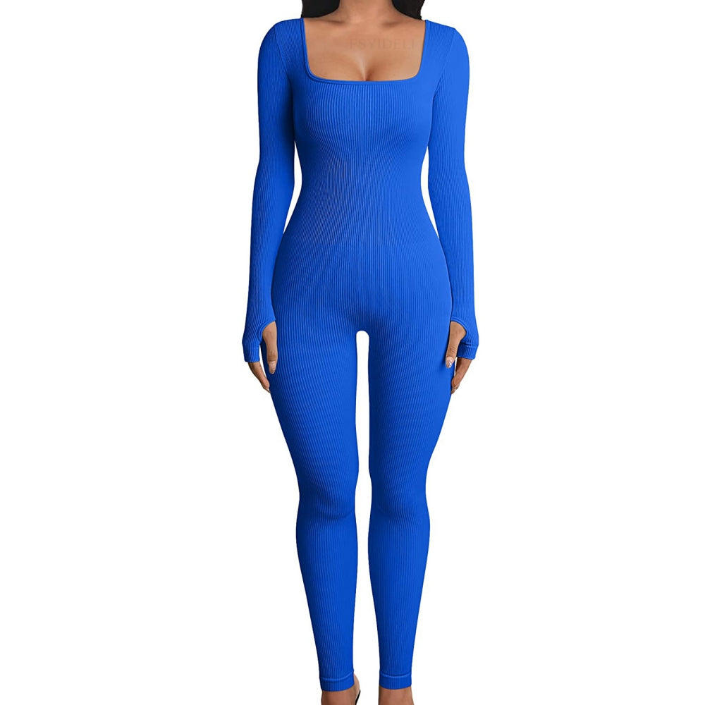 Women's One-Piece Ribbed Square Collar Yoga Sports Jumpsuit Solid Color Long Sl image 2