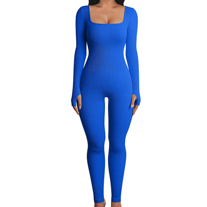 Women's One-Piece Ribbed Square Collar Yoga Sports Jumpsuit Solid Color Long Sl image 2