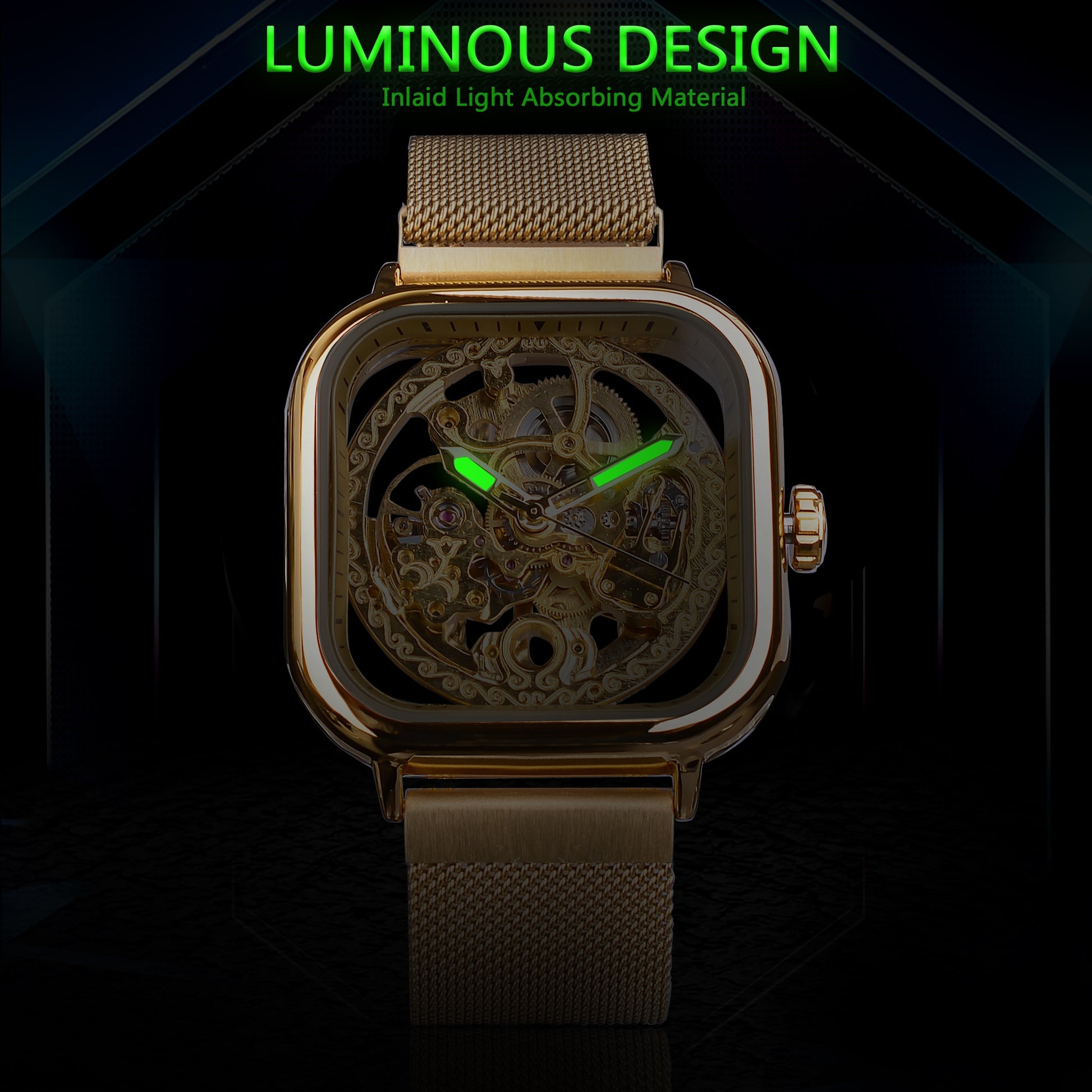 Forsining Golden Men Automatic Watch Square Skeleton Mesh Steel Band Mechanical image 5