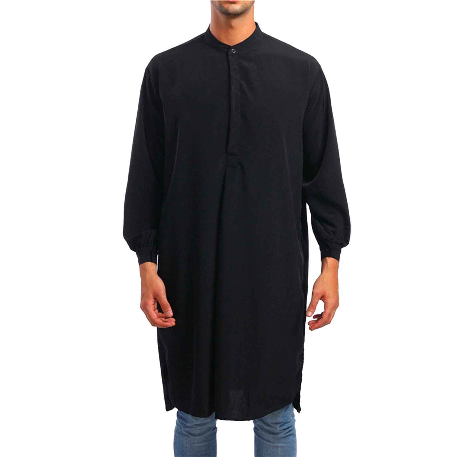 Men'S Spring Autumn Arab Long Gown Robe Shirt Solid Long Sleeve Button Down Mus image 0