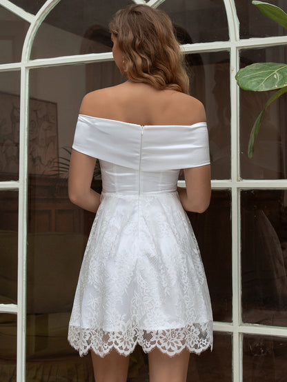 Angel-fashions Women's Off Shoulder Satin A-Line White Floral Lace Prom Short C image 2