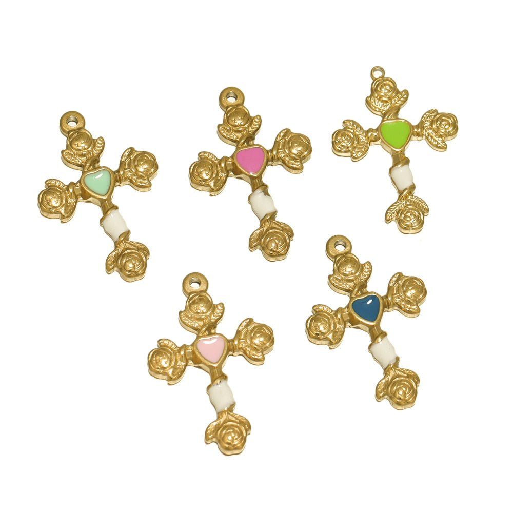 5pcs Stainless Steel Gold Color Plated Enamel Flower Cross Charms Findings Wome image 1