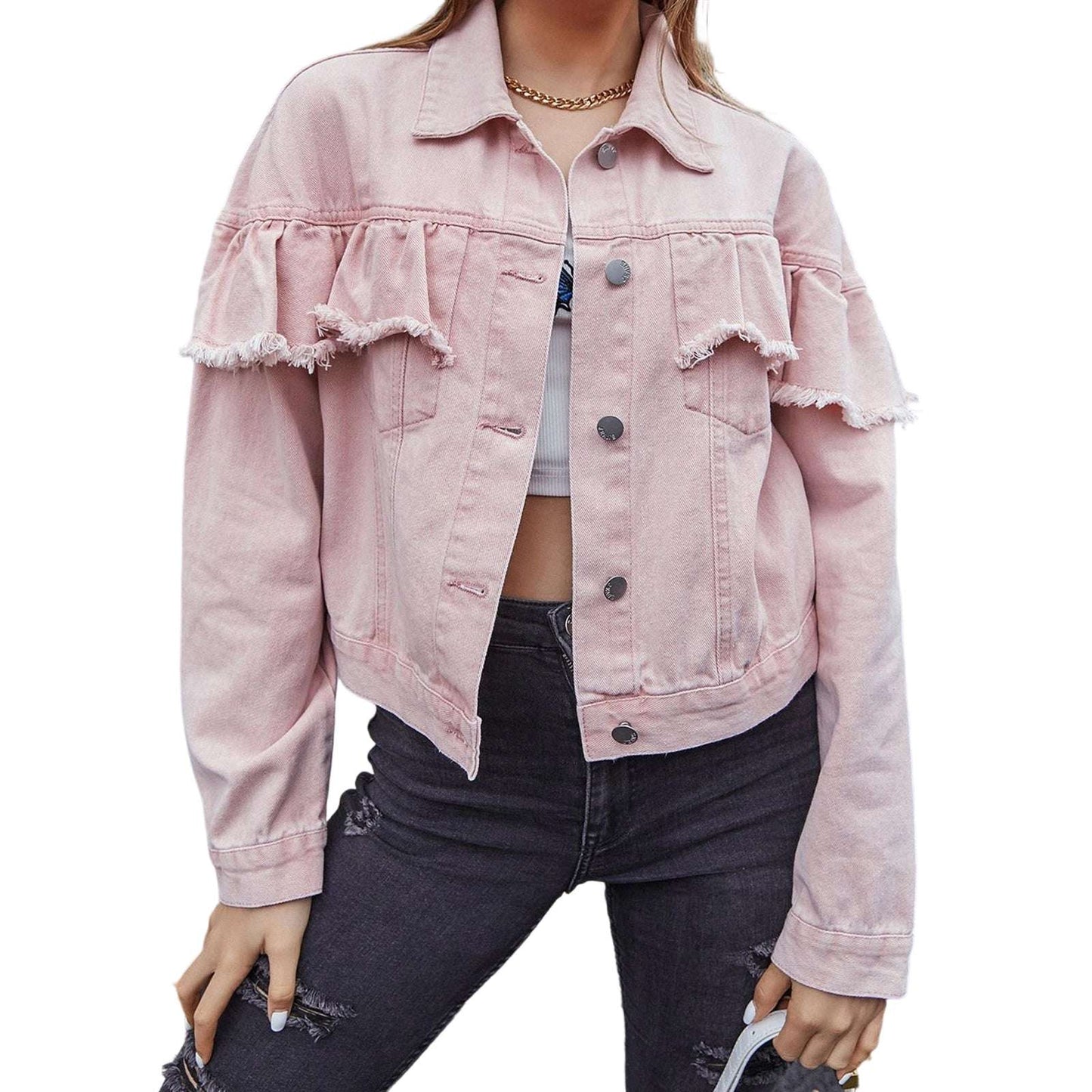 Ladies Frilled Denim Coat with Long Sleeves Collared Neckline and Button Closure