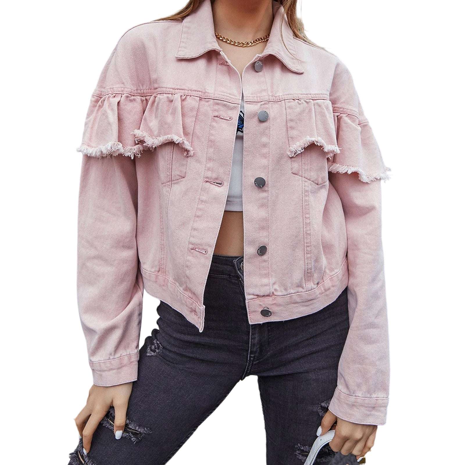 Ladies Frilled Denim Coat with Long Sleeves Collared Neckline and Button Closure