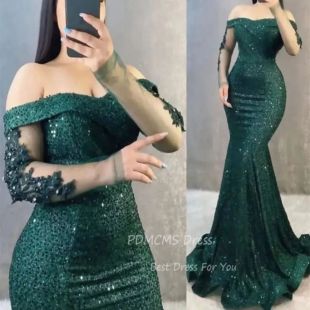  Sequin Mermaid Evening Dresses Backless Prom Dress Long Sleeves Plus Party image 2