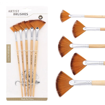 5Pcs/Set Creative Fan Shap Gouache Painting Pen High Quality Nylon Hair Wooden image 0
