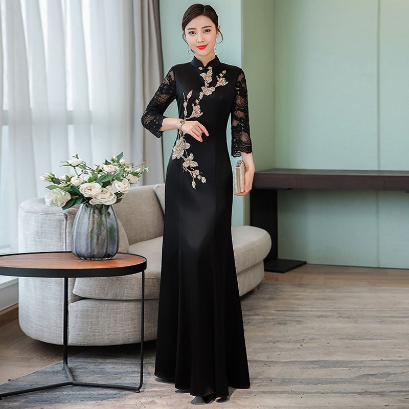 Black Slim Vintage Long Qipao Hanfu Women Ao Dai Dress Chinese Traditional Dres
