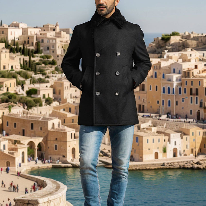 Men Wool Pea Coat with Contrast Color Detail Double Breasted Design a