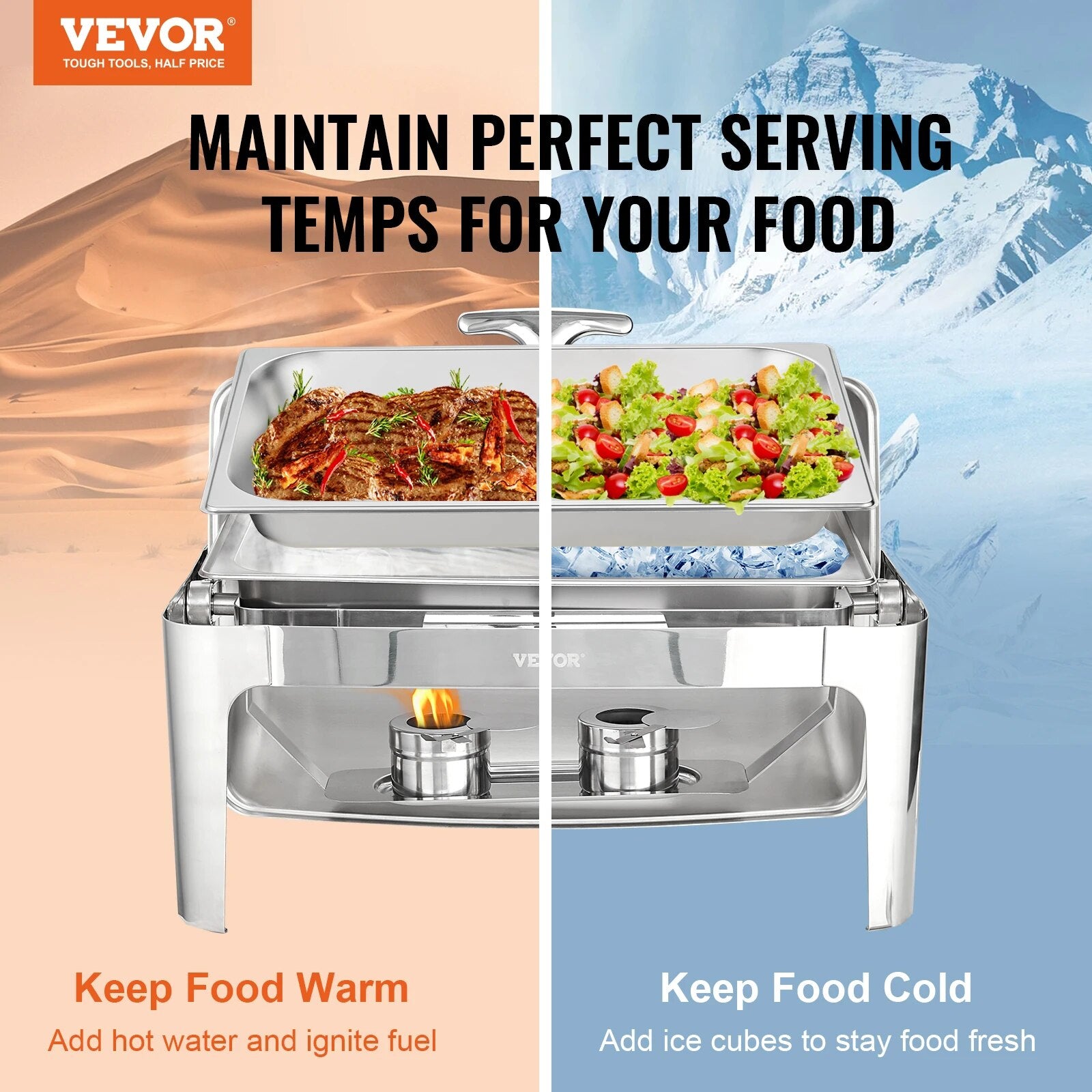 VEVOR 9QT Roll-top Chafing Dish Buffet Set Stainless Steel Chafer w/2 Half Pans image 2