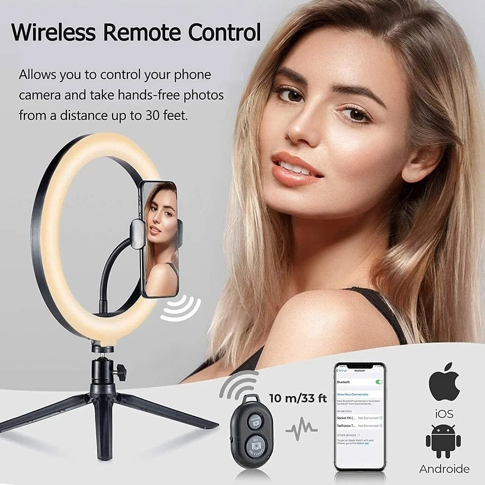 LED Selfie Ring Light Phone Stand With Folding Arm Circle Fill Light Dimmable T image 6