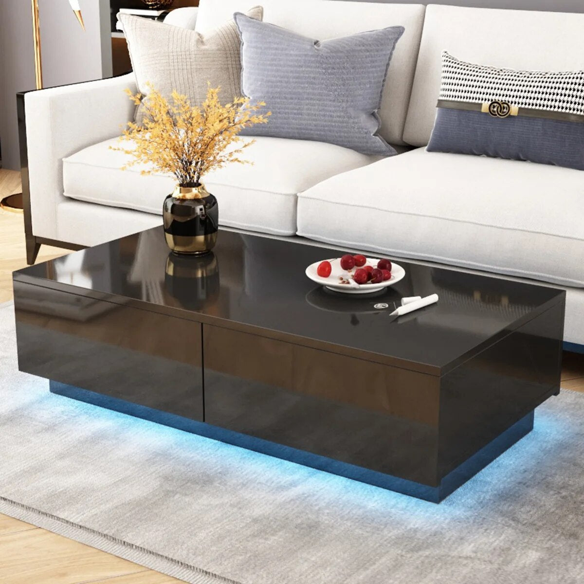 RGB LED Tea Table End Table For Home Office Coffee Table Wooden 4 Drawers Magaz image 0
