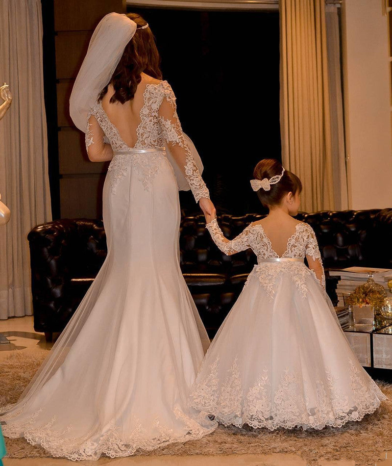 Flower Girl Dresses For Weddings Princess Lace Long Sleeve Backless Holy First  image 11