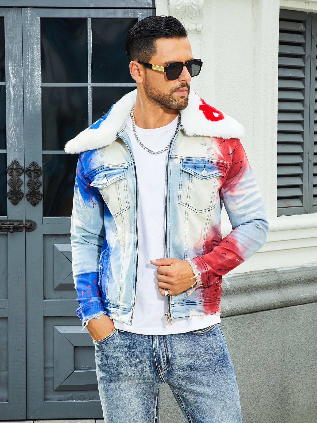Men fashion stretjacket, full strip printing, fashion wash, has a very fas