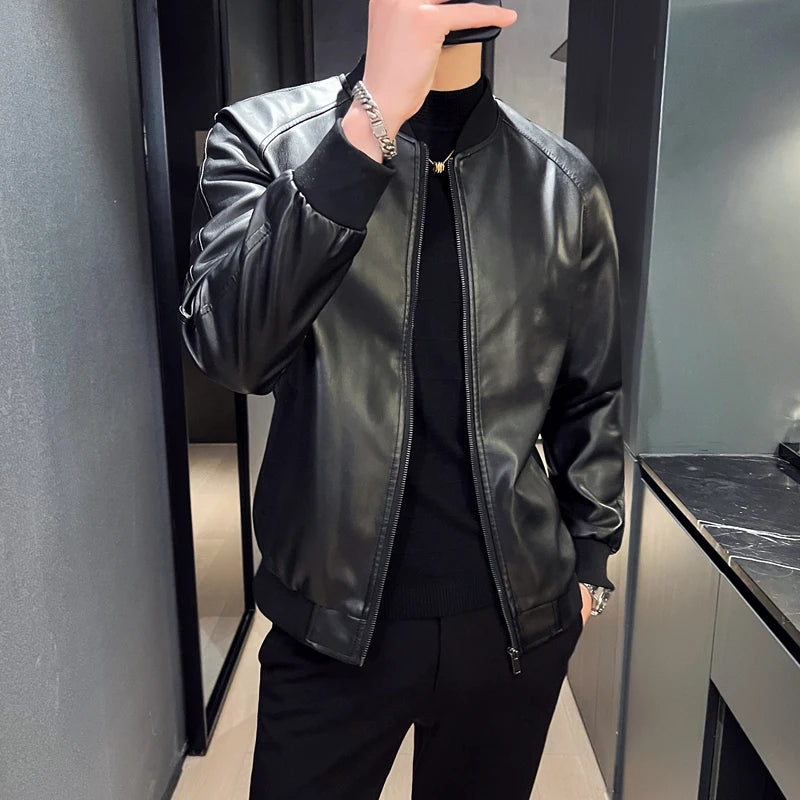Men's PU Leather Jacket Fashion Baseball Collar Casual  Jackets Solid Color Mot image 5