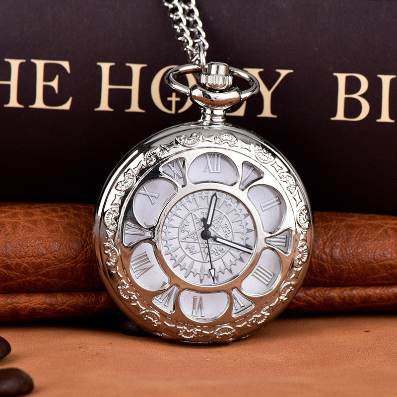 Creative silvery engraved hollow quartz pocket watch with Arabic numerals vinta image 0