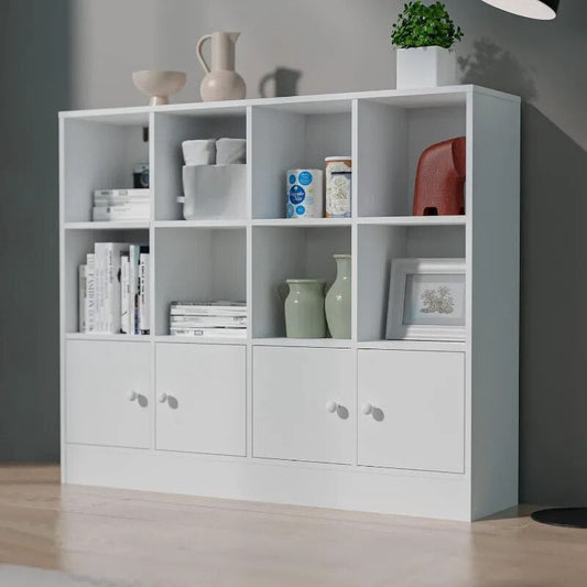 White Bookshelf with 12 Cubes and 4 Doors, 2-Tier Open Shelf Bookcase with Anti