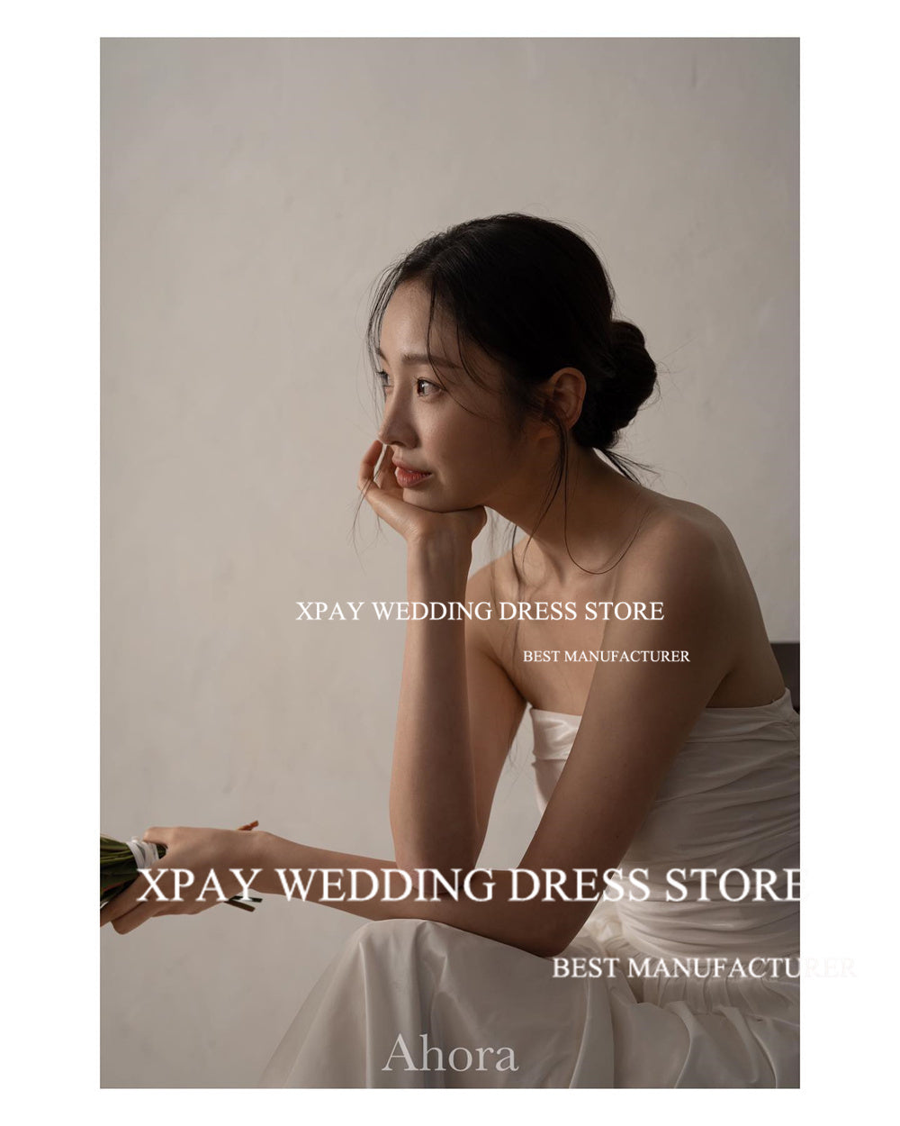 XPAY Elegant Strapless A Line Korea Wedding Dresses Pleats Taffeta Bridal Dress image 4