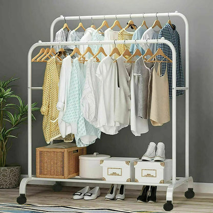 Heavy Duty Clothes Rack Garment Rail Rolling Stand Two Top Rod & Lower Storage image 0