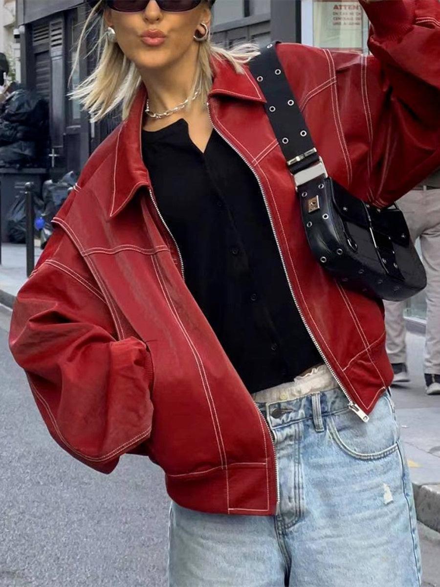 Women Faux Leather Jacket  Lightweight Zipper Front Long Sleeve Coat f