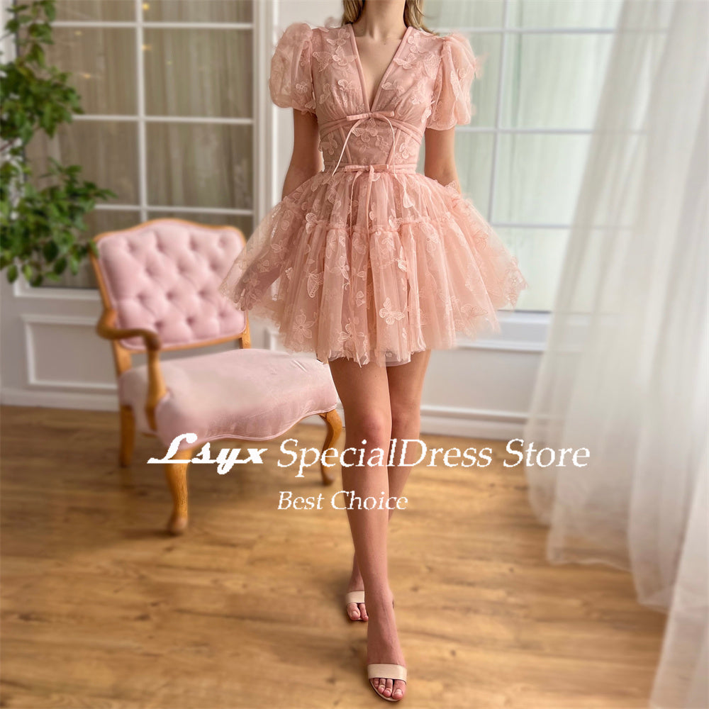 LSYX Above Knee Short Sleeves Butterflies Homecoming Dresses 2024 Tulle V Neck  image 7