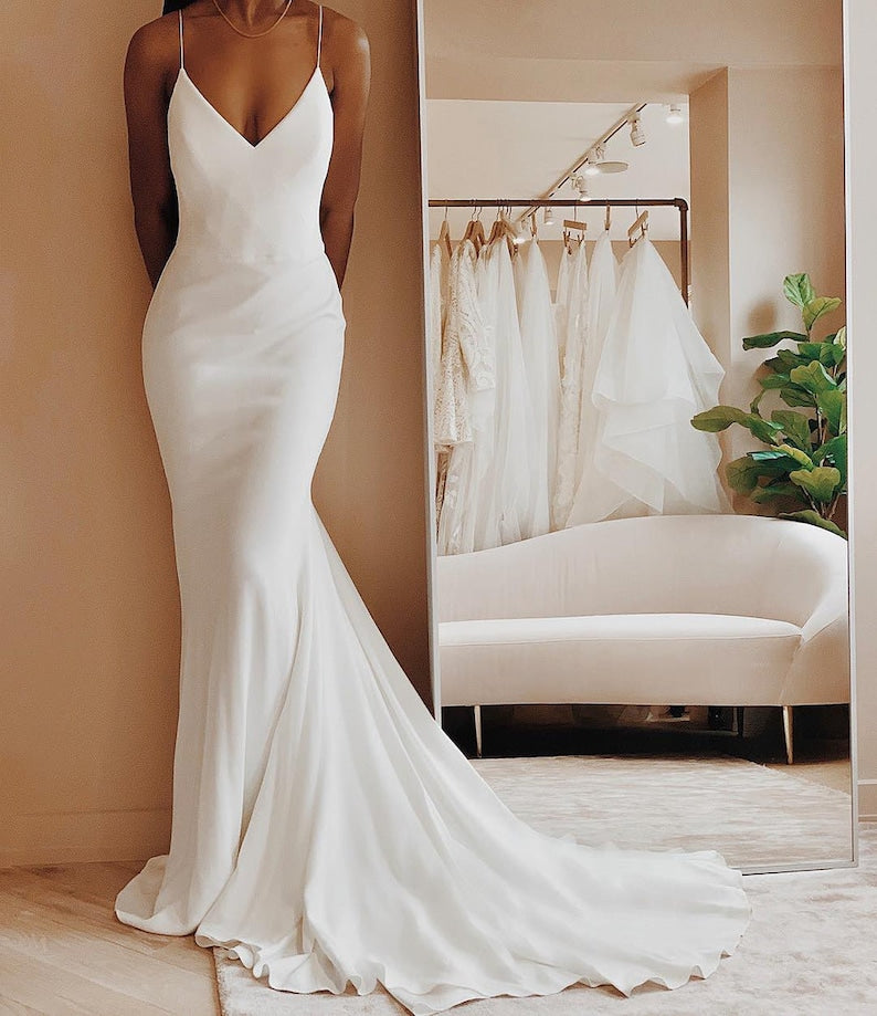 Modern Satin Wedding Dress V-neck Spaghetti Straps Backless Formal Pleat