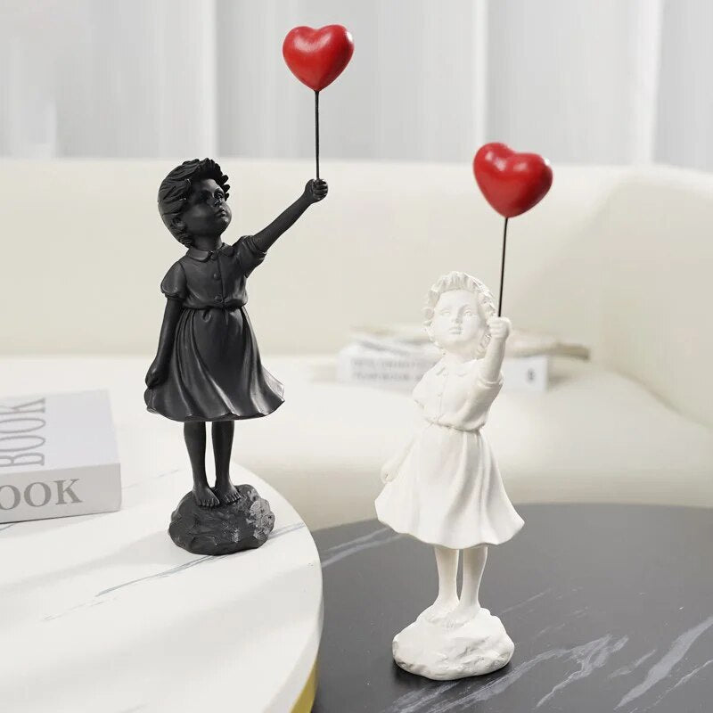 Flying Heart Banksy Balloon Girl Figurine Modern Resin Art Sculpture Craft Home image 1